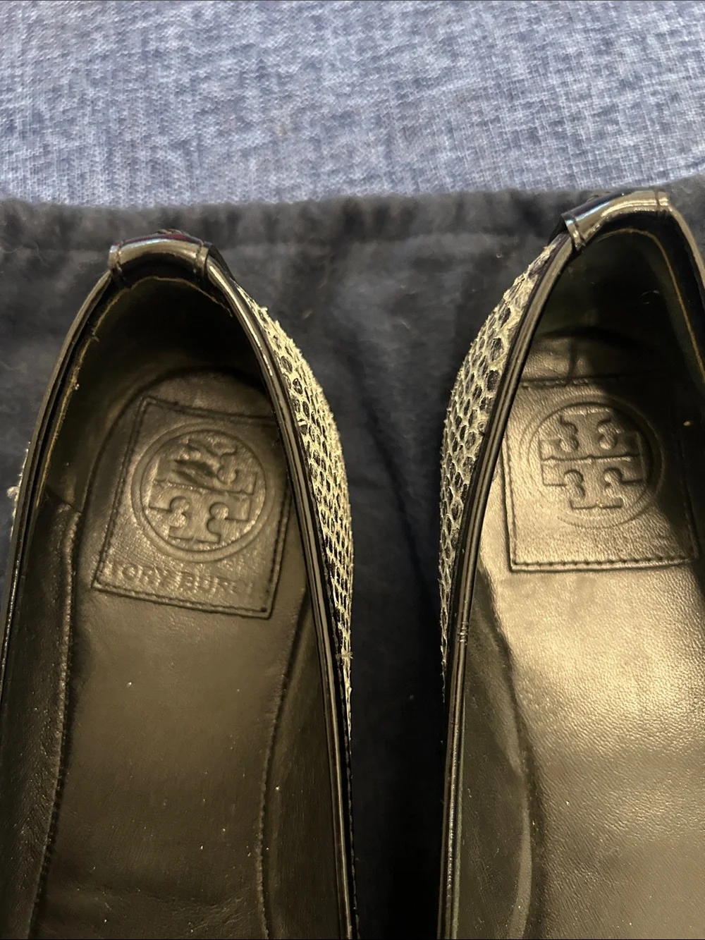 Tory Burch Black Patent & Snakeskin-Trim Logo Ballet Flats